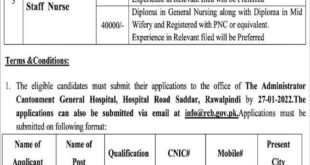 Rawalpindi Cantonment Board (RCB) Job Opportunites In The Cantonment General Hospital Rawalpindi